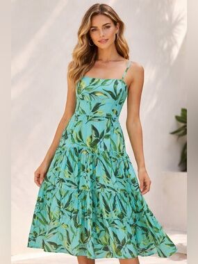 Taylor Tropical Print Midi Dress Turquoise 12